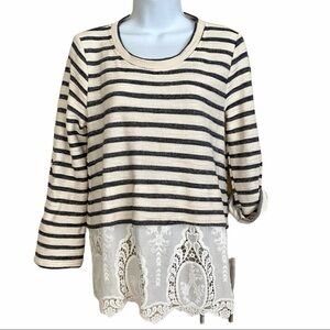 Stripe Cream Gray Light Sweater Sz Small Layered Top Nautical Casual Lace Summer